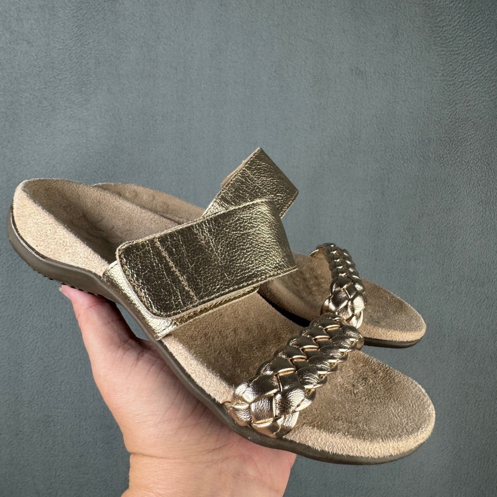 Vionic Jeanne Gold Metallic Leather Braided Slide Sandals Womens Size 6